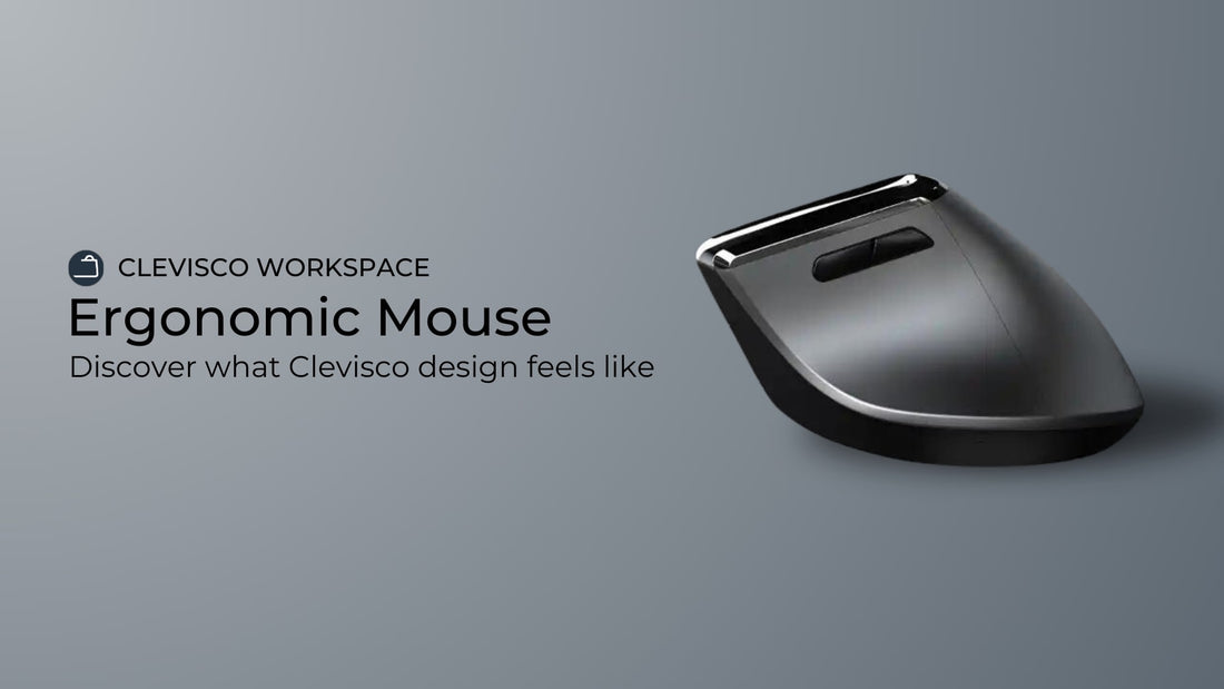 Sleek black ergonomic mouse with a minimalist design presented against a grey background, accompanied by the Clevisco Workspace logo and text inviting to discover the Clevisco design.